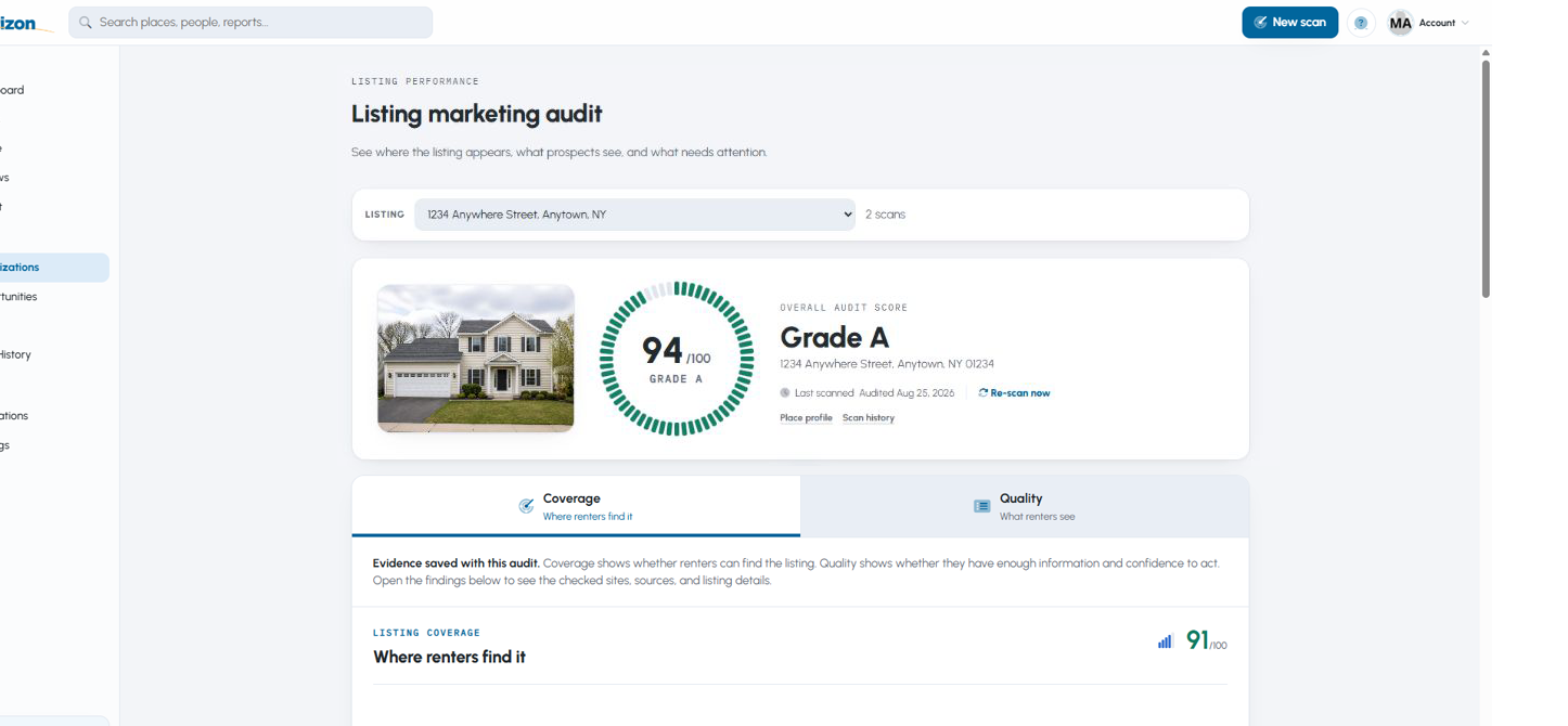 Simulated Horizon Listing Marketing Audit for 1234 Anywhere Street showing an A grade and fictional property photo.